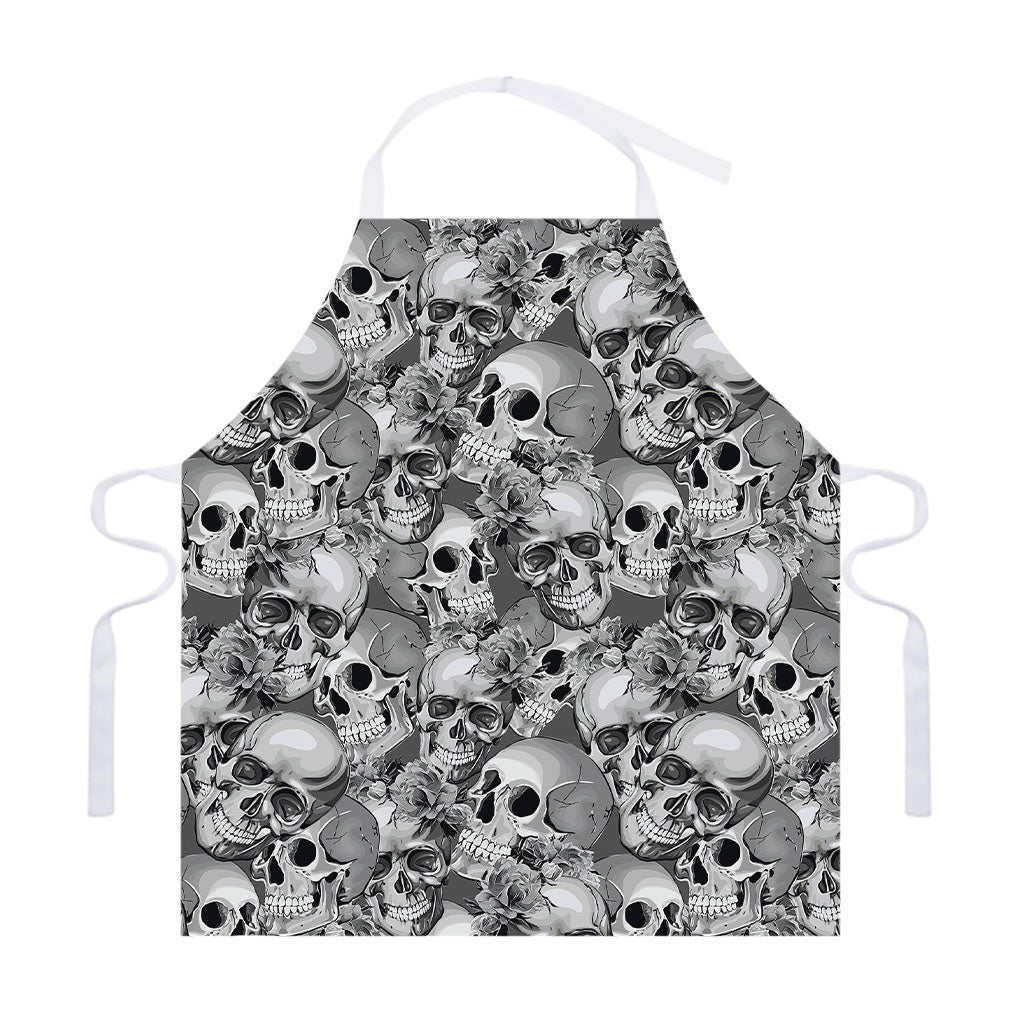 Monochrome Skull Flowers Pattern Print Adjustable Apron