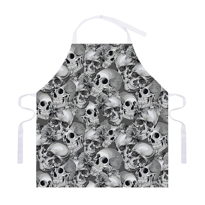 Monochrome Skull Flowers Pattern Print Adjustable Apron