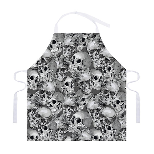 Monochrome Skull Flowers Pattern Print Adjustable Apron