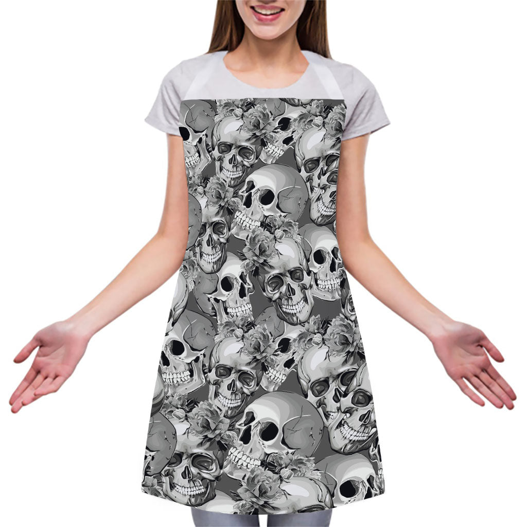 Monochrome Skull Flowers Pattern Print Adjustable Apron