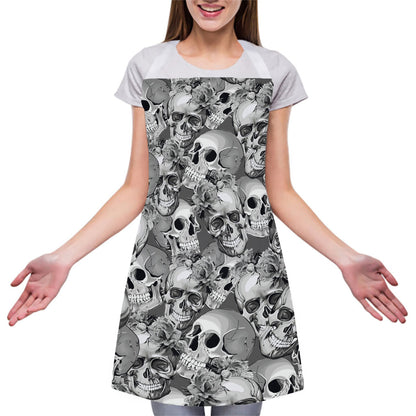 Monochrome Skull Flowers Pattern Print Adjustable Apron