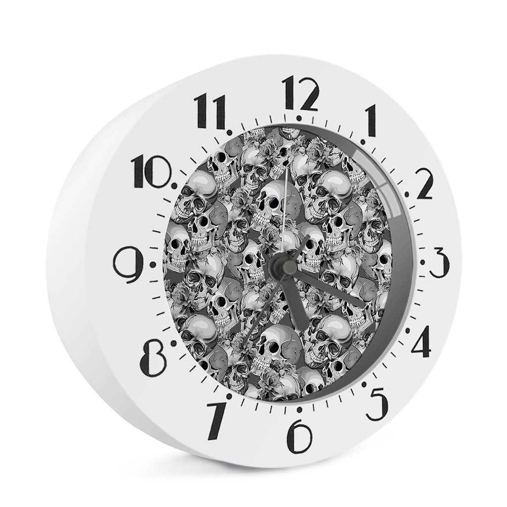 Monochrome Skull Flowers Pattern Print Alarm Clock