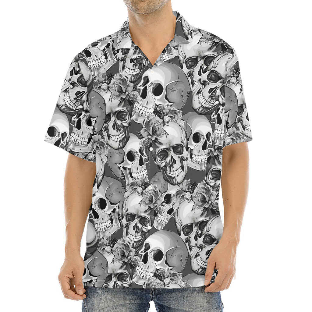 Monochrome Skull Flowers Pattern Print Aloha Shirt