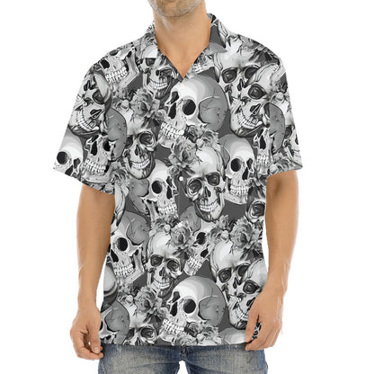 Monochrome Skull Flowers Pattern Print Aloha Shirt