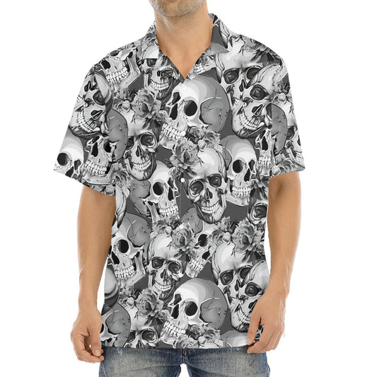 Monochrome Skull Flowers Pattern Print Aloha Shirt