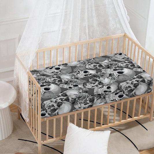 Monochrome Skull Flowers Pattern Print Baby Crib Sheet