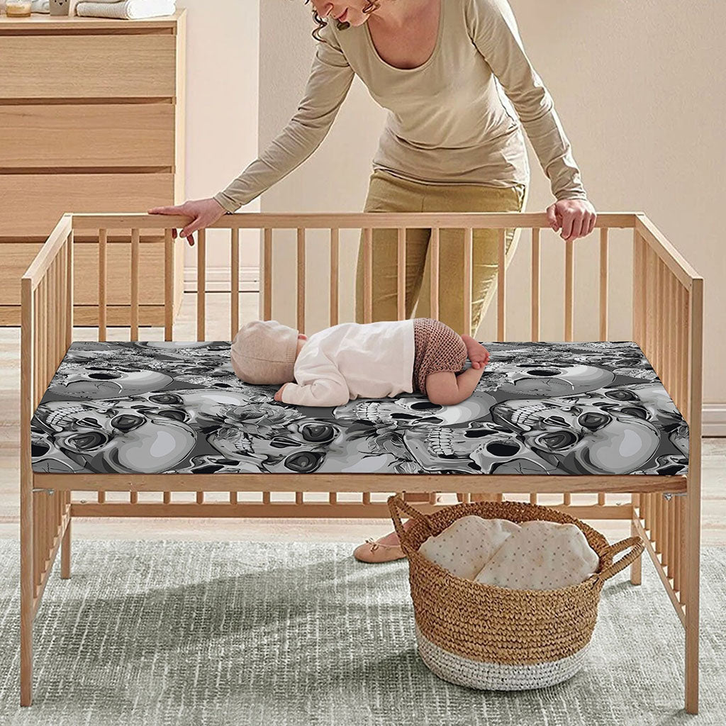 Monochrome Skull Flowers Pattern Print Baby Crib Sheet