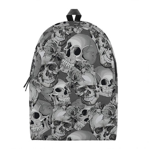Monochrome Skull Flowers Pattern Print Backpack