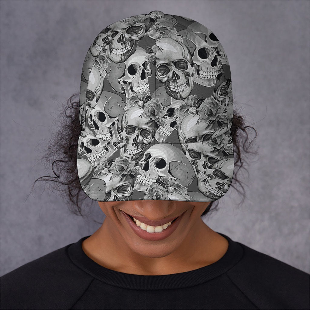 Monochrome Skull Flowers Pattern Print Baseball Cap