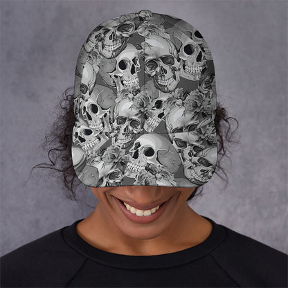 Monochrome Skull Flowers Pattern Print Baseball Cap