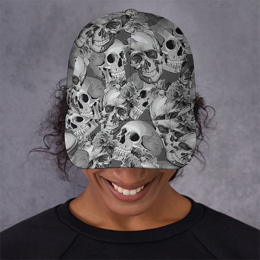 Monochrome Skull Flowers Pattern Print Baseball Cap