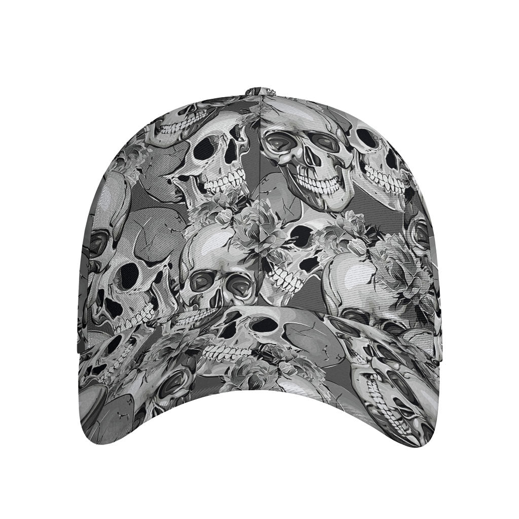 Monochrome Skull Flowers Pattern Print Baseball Cap