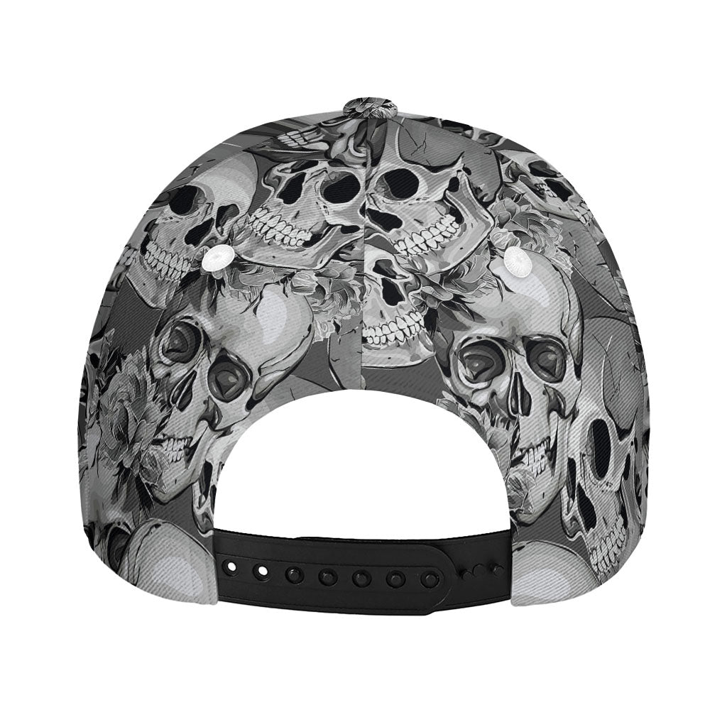 Monochrome Skull Flowers Pattern Print Baseball Cap
