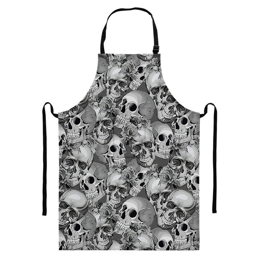 Monochrome Skull Flowers Pattern Print Bib Apron With Pocket