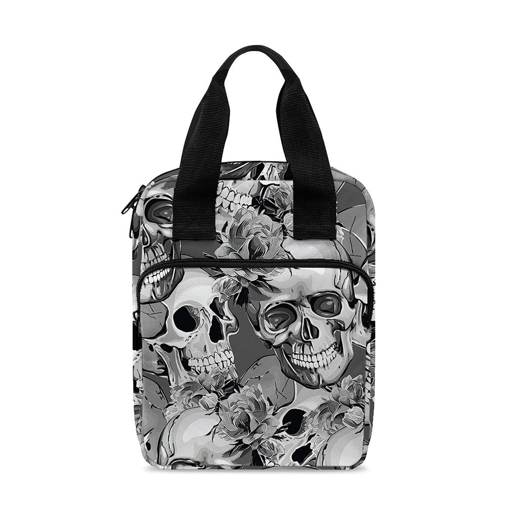 Monochrome Skull Flowers Pattern Print Bible Tote Bag