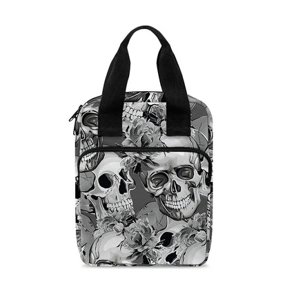 Monochrome Skull Flowers Pattern Print Bible Tote Bag