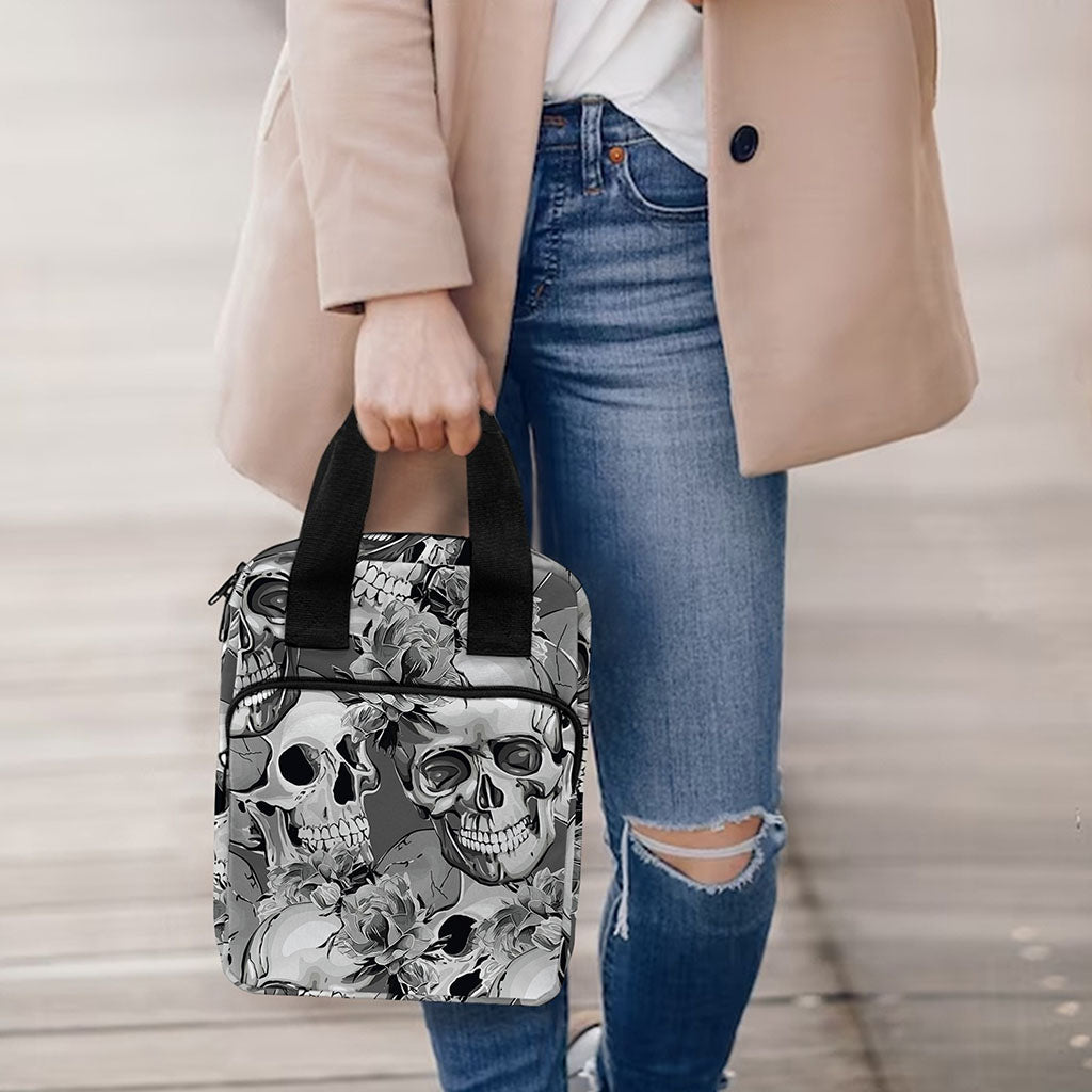 Monochrome Skull Flowers Pattern Print Bible Tote Bag