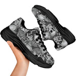 Monochrome Skull Flowers Pattern Print Black Chunky Shoes
