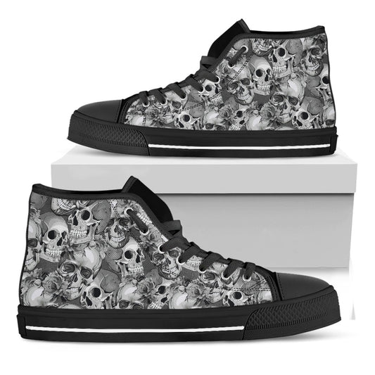 Monochrome Skull Flowers Pattern Print Black High Top Sneakers
