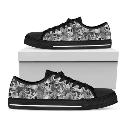 Monochrome Skull Flowers Pattern Print Black Low Top Sneakers