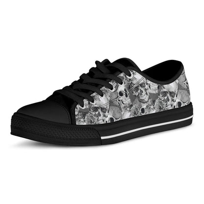 Monochrome Skull Flowers Pattern Print Black Low Top Sneakers