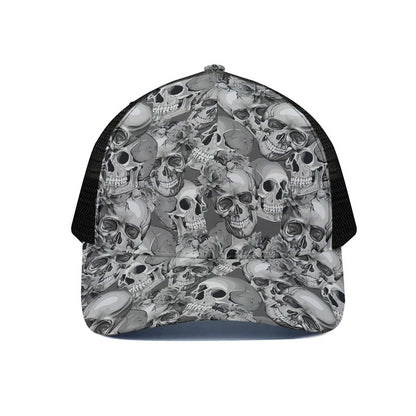 Monochrome Skull Flowers Pattern Print Black Mesh Trucker Cap