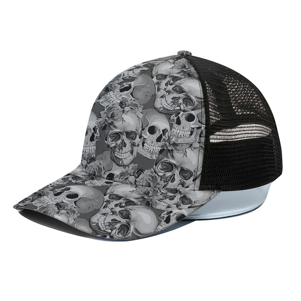 Monochrome Skull Flowers Pattern Print Black Mesh Trucker Cap