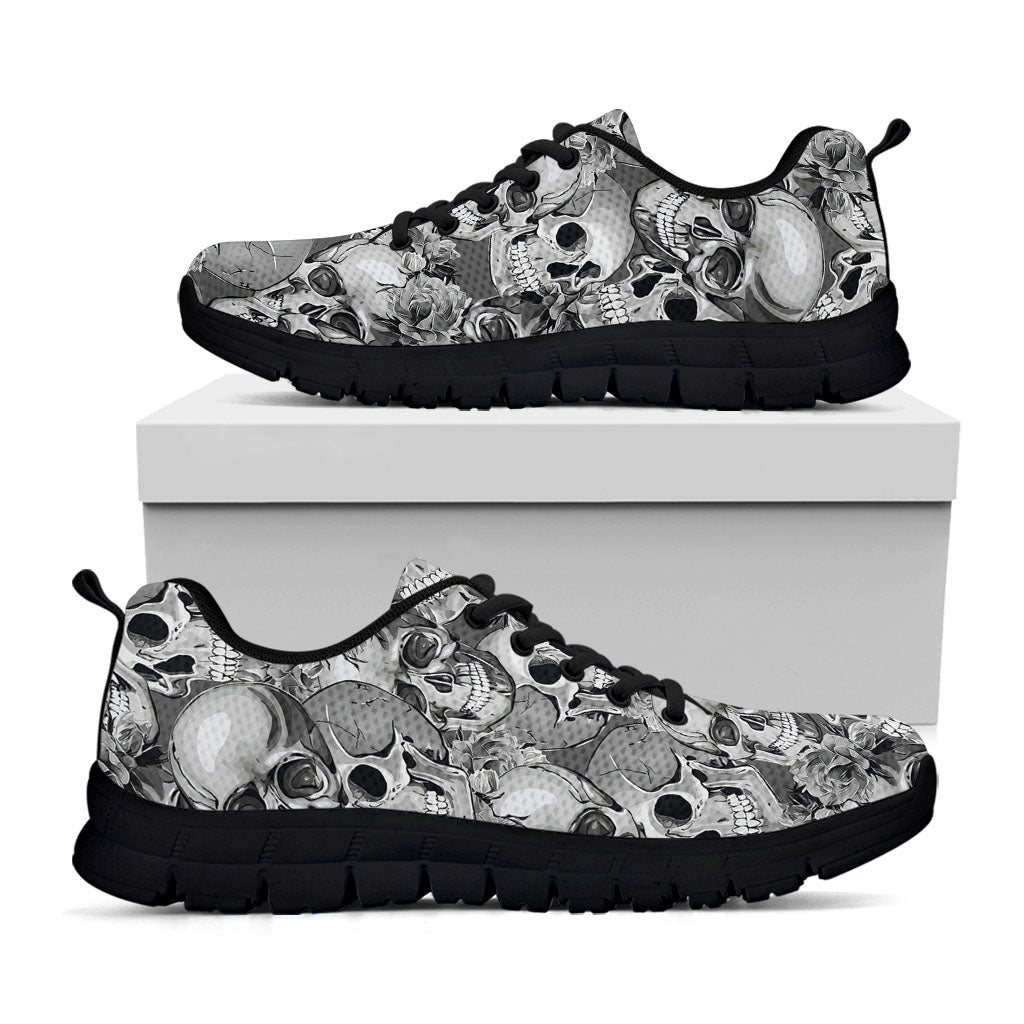 Monochrome Skull Flowers Pattern Print Black Running Shoes
