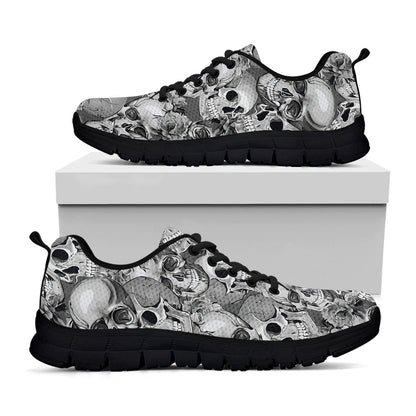 Monochrome Skull Flowers Pattern Print Black Running Shoes