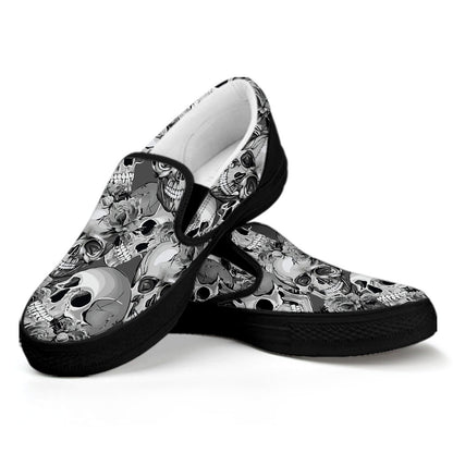 Monochrome Skull Flowers Pattern Print Black Slip On Sneakers