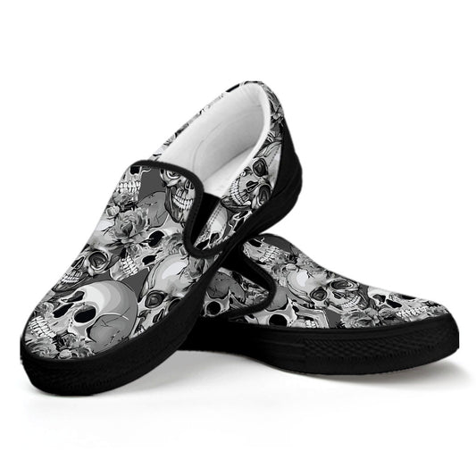 Monochrome Skull Flowers Pattern Print Black Slip On Sneakers