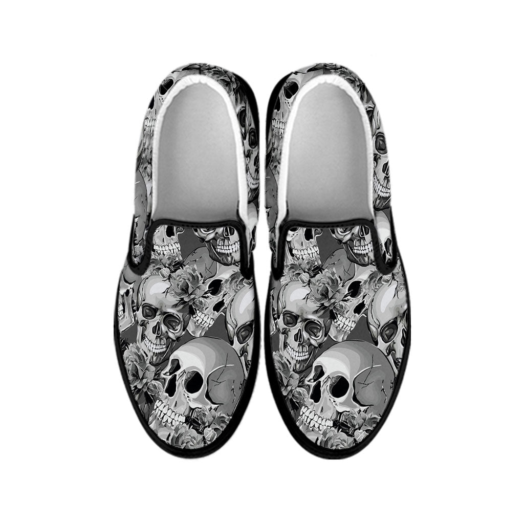 Monochrome Skull Flowers Pattern Print Black Slip On Sneakers