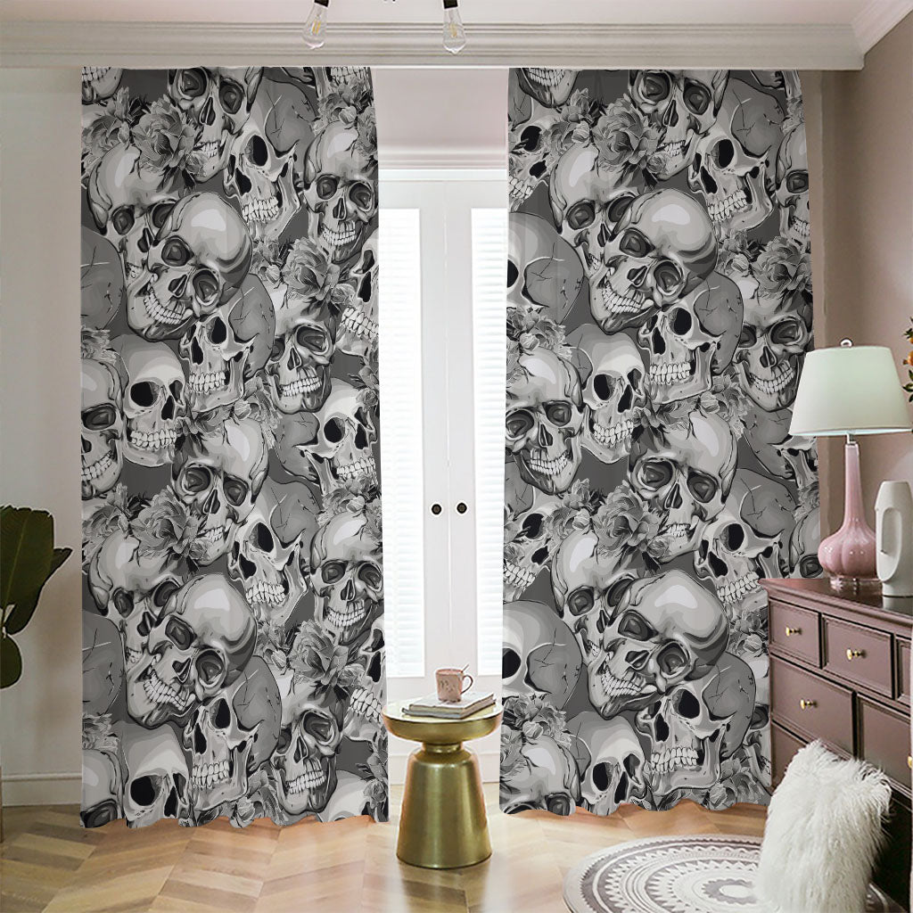 Monochrome Skull Flowers Pattern Print Blackout Pencil Pleat Curtains