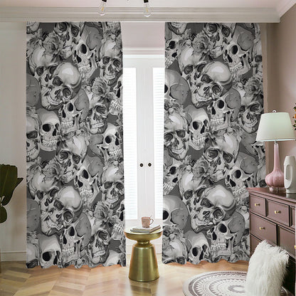 Monochrome Skull Flowers Pattern Print Blackout Pencil Pleat Curtains