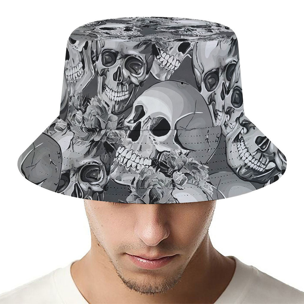 Monochrome Skull Flowers Pattern Print Bucket Hat