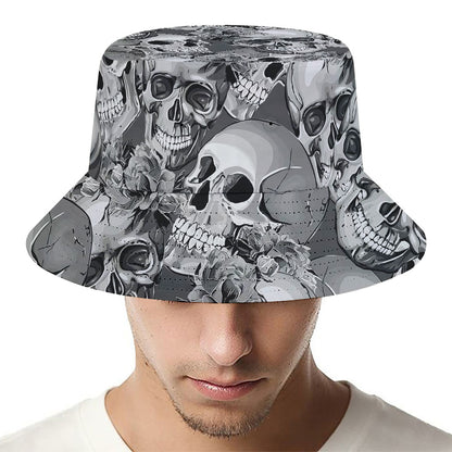Monochrome Skull Flowers Pattern Print Bucket Hat