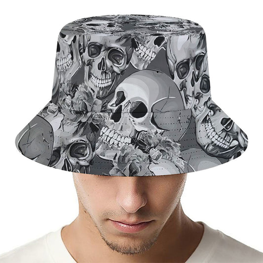 Monochrome Skull Flowers Pattern Print Bucket Hat