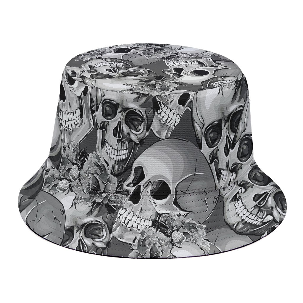 Monochrome Skull Flowers Pattern Print Bucket Hat
