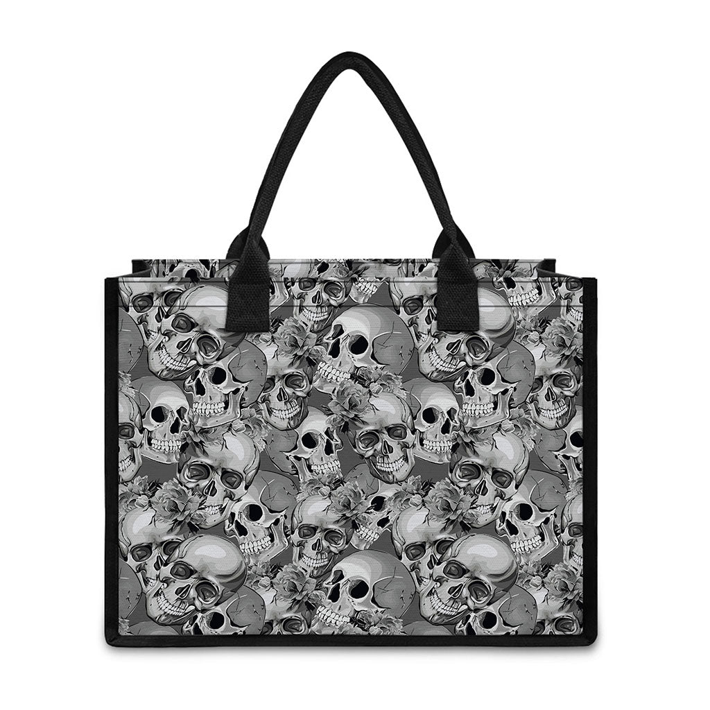 Monochrome Skull Flowers Pattern Print Canvas Tote Bag