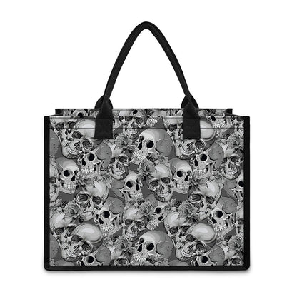 Monochrome Skull Flowers Pattern Print Canvas Tote Bag