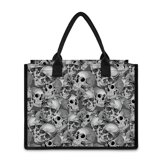 Monochrome Skull Flowers Pattern Print Canvas Tote Bag