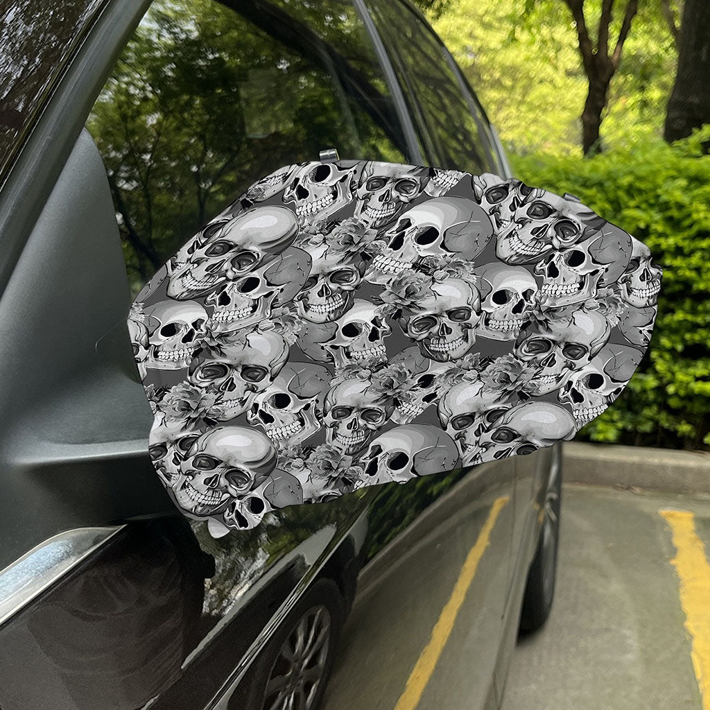 Monochrome Skull Flowers Pattern Print Car Side Mirror Covers