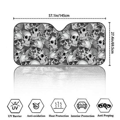 Monochrome Skull Flowers Pattern Print Car Windshield Sun Shade