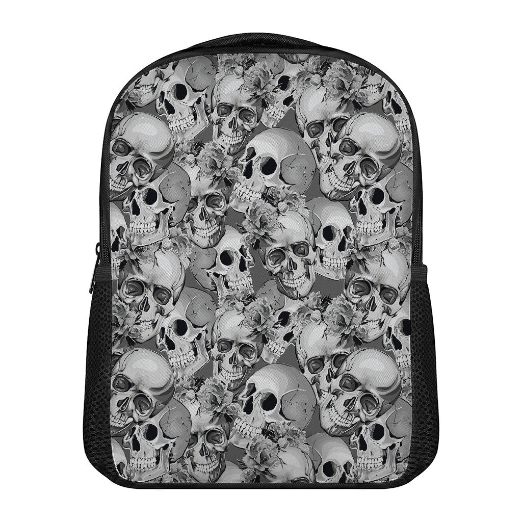 Monochrome Skull Flowers Pattern Print Casual Backpack