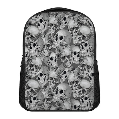 Monochrome Skull Flowers Pattern Print Casual Backpack