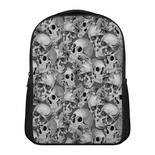 Monochrome Skull Flowers Pattern Print Casual Backpack