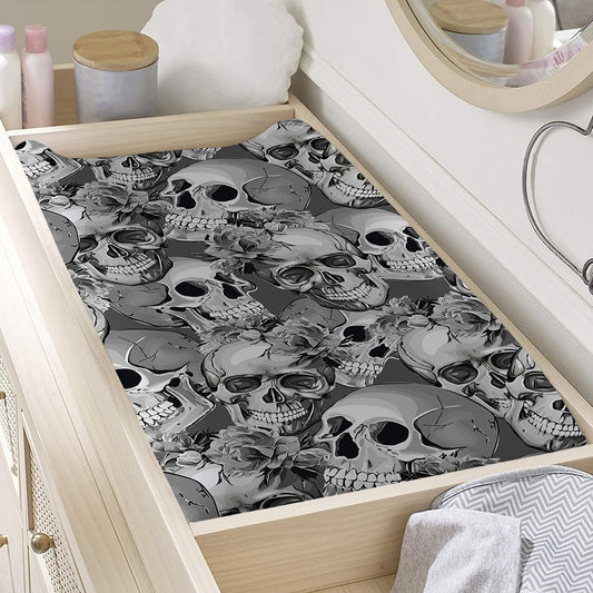 Monochrome Skull Flowers Pattern Print Changing Pad Cover