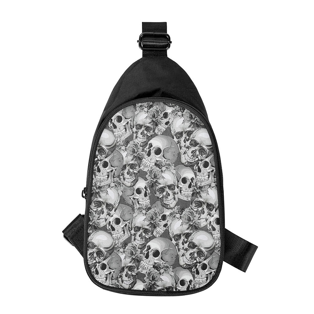 Monochrome Skull Flowers Pattern Print Chest Bag