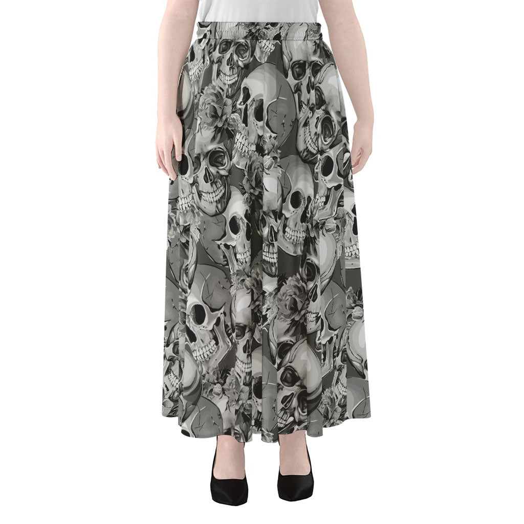 Monochrome Skull Flowers Pattern Print Chiffon Maxi Skirt
