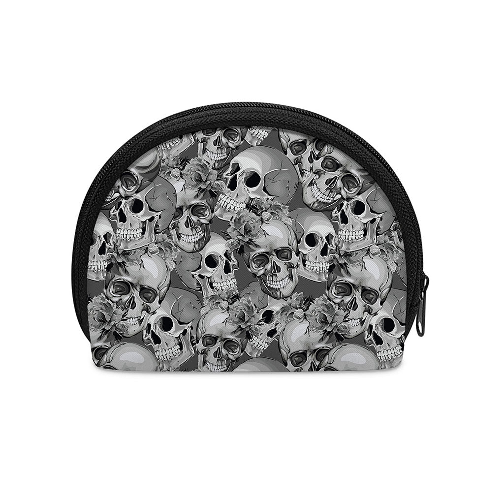 Monochrome Skull Flowers Pattern Print Coin Purse
